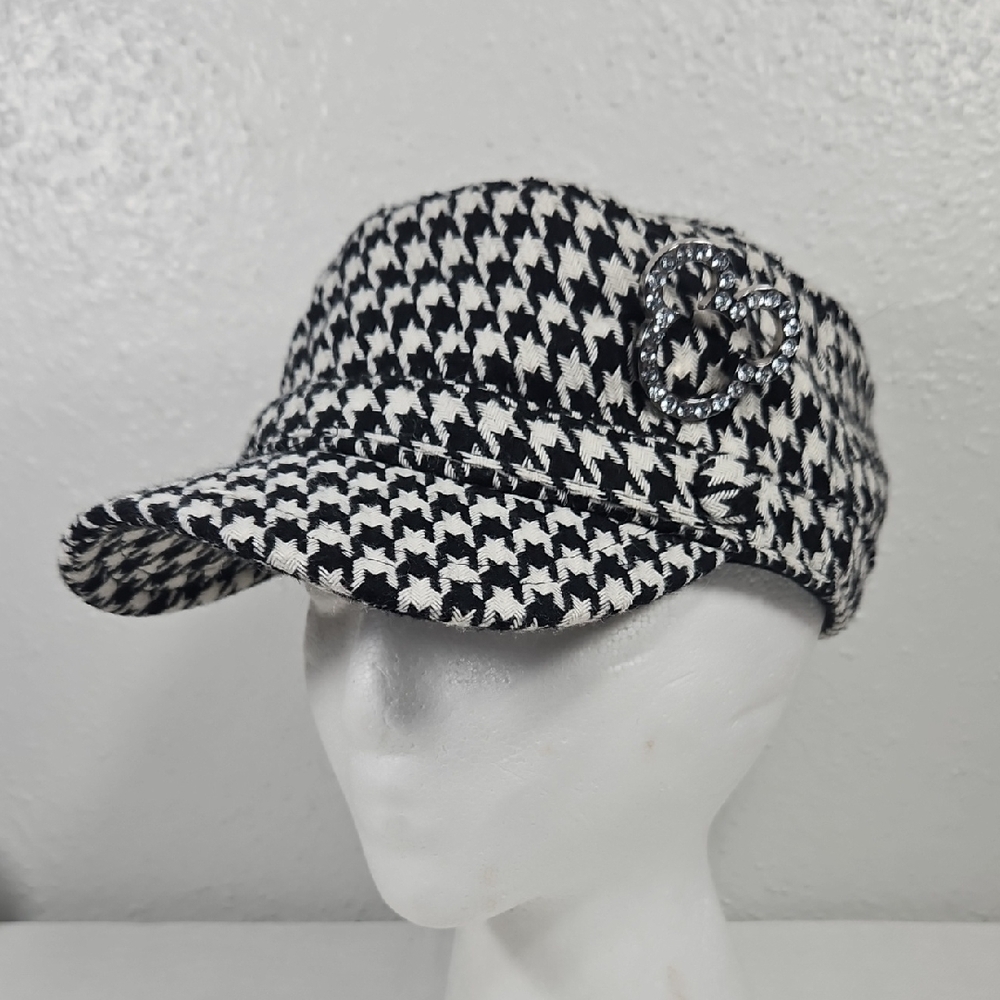 Vintage Stylish Disney Parks Black and White Houndstooth Cap with Mickey Pin